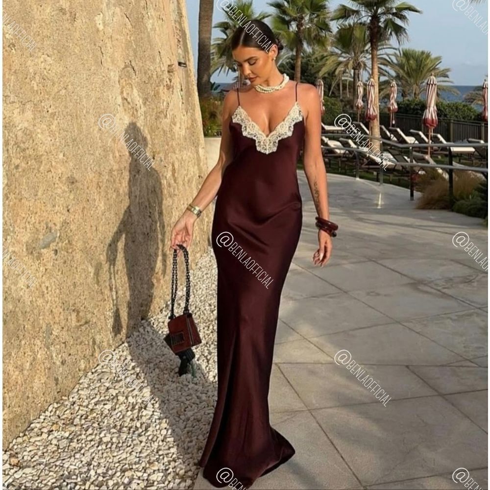 NWT ZARA LACE SLIP DRESS ZW COLLECTION satin silk maxi dress Lingerie Burgundy - Picture 9 of 16
